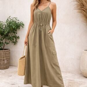 Woolrich Tan Maxi Dress XS Adjustable Straps Toggle Waist